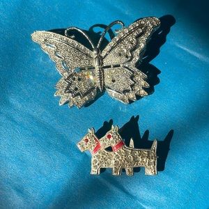 Vintage Butterfly and 2 Terriers pin- rhinestone on Silver plate